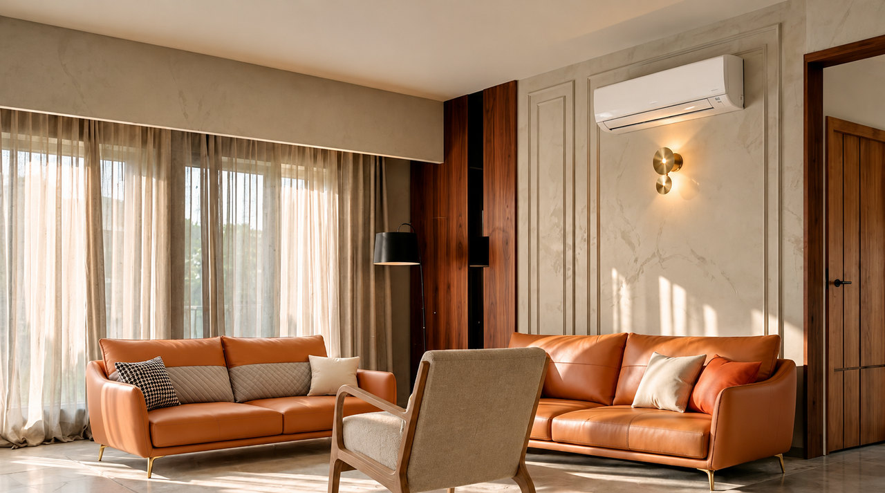 Living room with tan leather sofas, sheer linen curtains, a walnut accent panel and a brass wall light